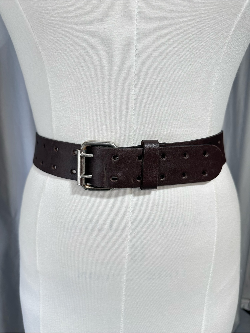 Wide Double-Prong Leather Waist Belt in Dark Brown